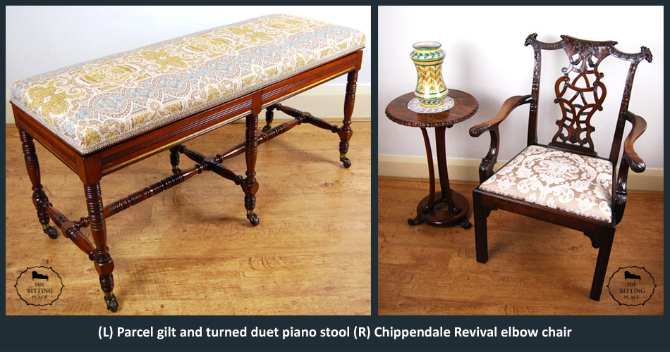 Victorian duet stool and Chippendale Revival elbow chair upholstered by The Sitting Place.