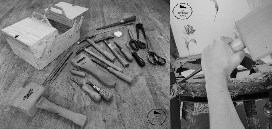 Selection of hand tools used in traditional upholstery