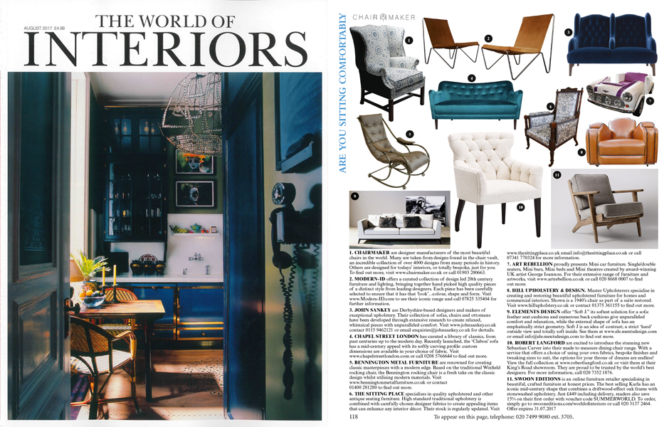 The Sitting Place® featured in the August 2017 issue of The World of Interiors Magazine