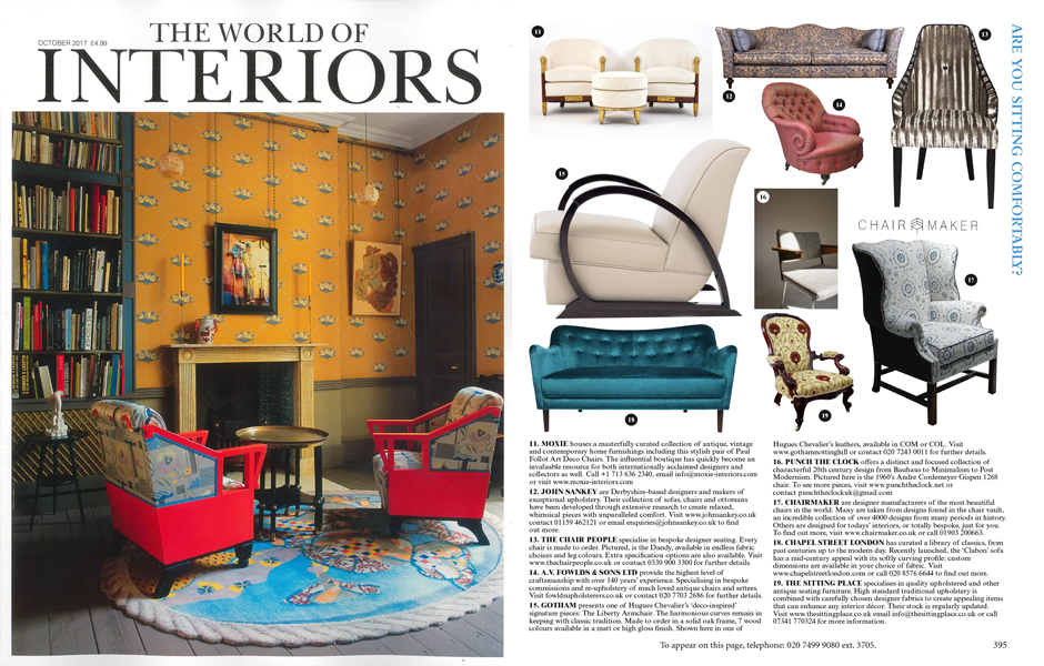 The Sitting Place® featured in the October 2017 issue of The World of Interiors Magazine