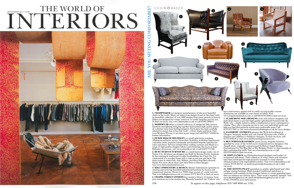 The Sitting Place® featured in the Septembre 2017 issue of The World of Interiors Magazine